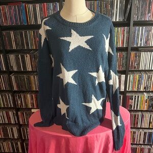 Show Me Your Mumu Star Print Sweater Blue White Oversized Cozy Pullover